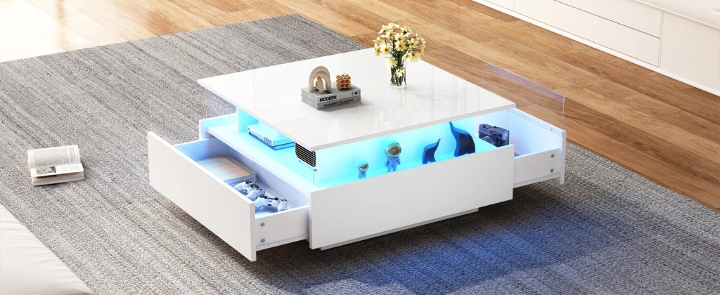 TAVOLO da caffè LED 70x70x41 cm Bianco lucido con 2 cassetti