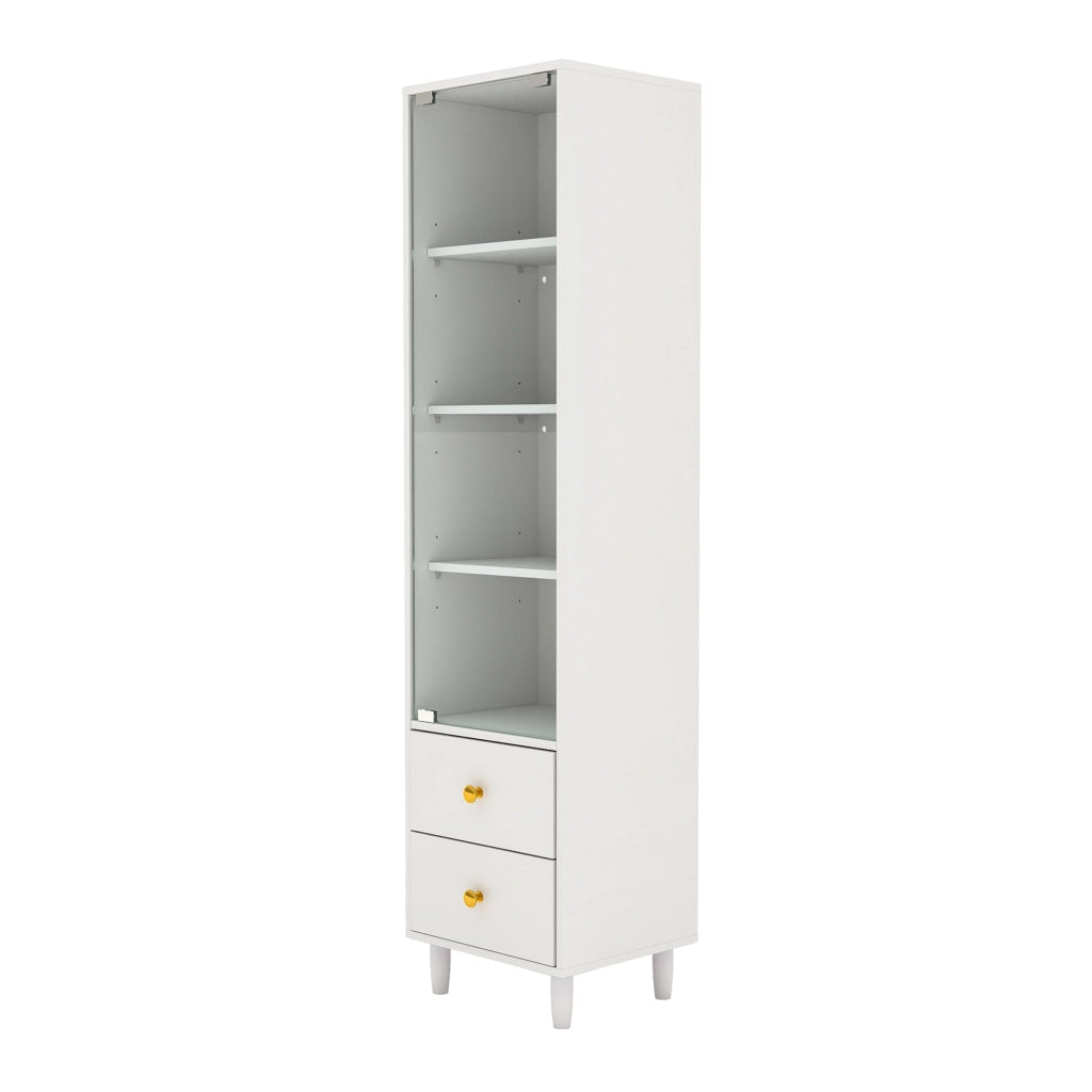 Vetrina moderna con illuminazione LED, ante in vetro, 2 cassetti, bianca, H165 x L40 x P35 cm