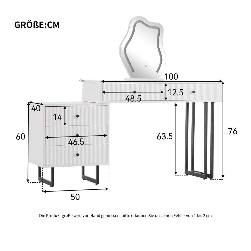 Tavolo da trucco bianco con specchio LED regolabile, 5 cassetti, 100 x 40 x 76 cm