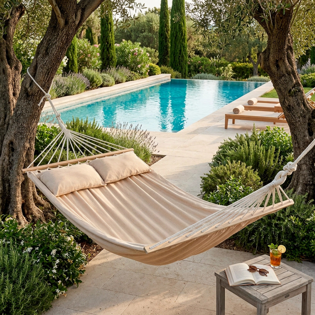 Amaca Matrimoniale Relax Per Giardino Piscina E Terrazza Con Barre In Legno Cuscini Inclusi E Tessuto Cotone Poliestere Resistente 300 Kg 240 x 150 Cm Beige