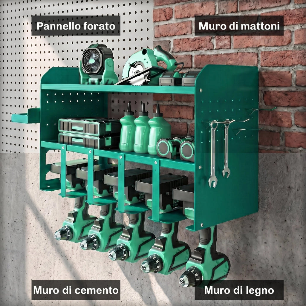 Porta Attrezzi da Parete 61,8x23x32,7 cm con Supporto per 5 Trapani Elettrici e Vassoio Laterale in Metallo Verde