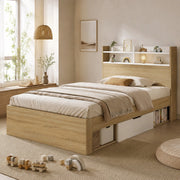 Letto singolo con contenitore 90x190 cm bianco e rovere; testiera con ripiani e 2 cassetti