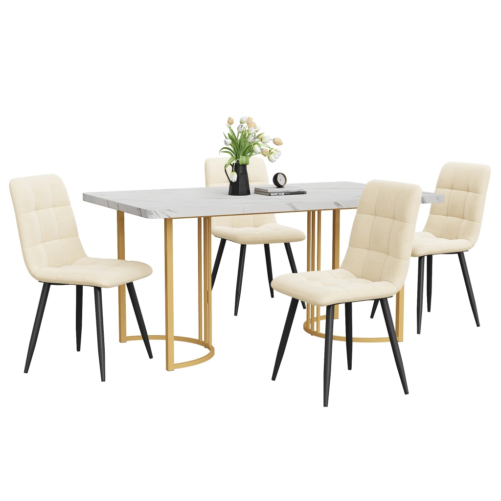 Tavolo da pranzo per 4 persone con 4 sedie piano effetto marmo gambe regolabili in MDF bianco 140 × 80 × 75 cm