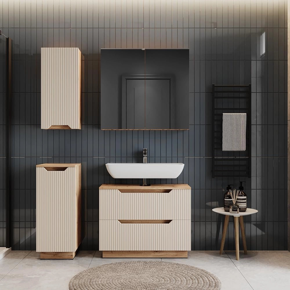 Set di mobili da bagno Lotta, Rovere/cashmere a righe, 4 parti