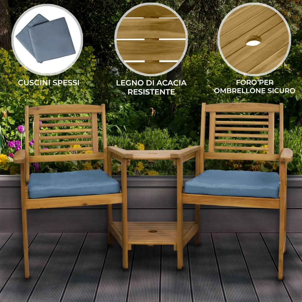 Panca in Legno da giardino Tavolo a 2 livelli Foro per ombrellone Panca d'angolo Bistro Legno duro d'acacia massiccio 2 Cuscini GRATIS.