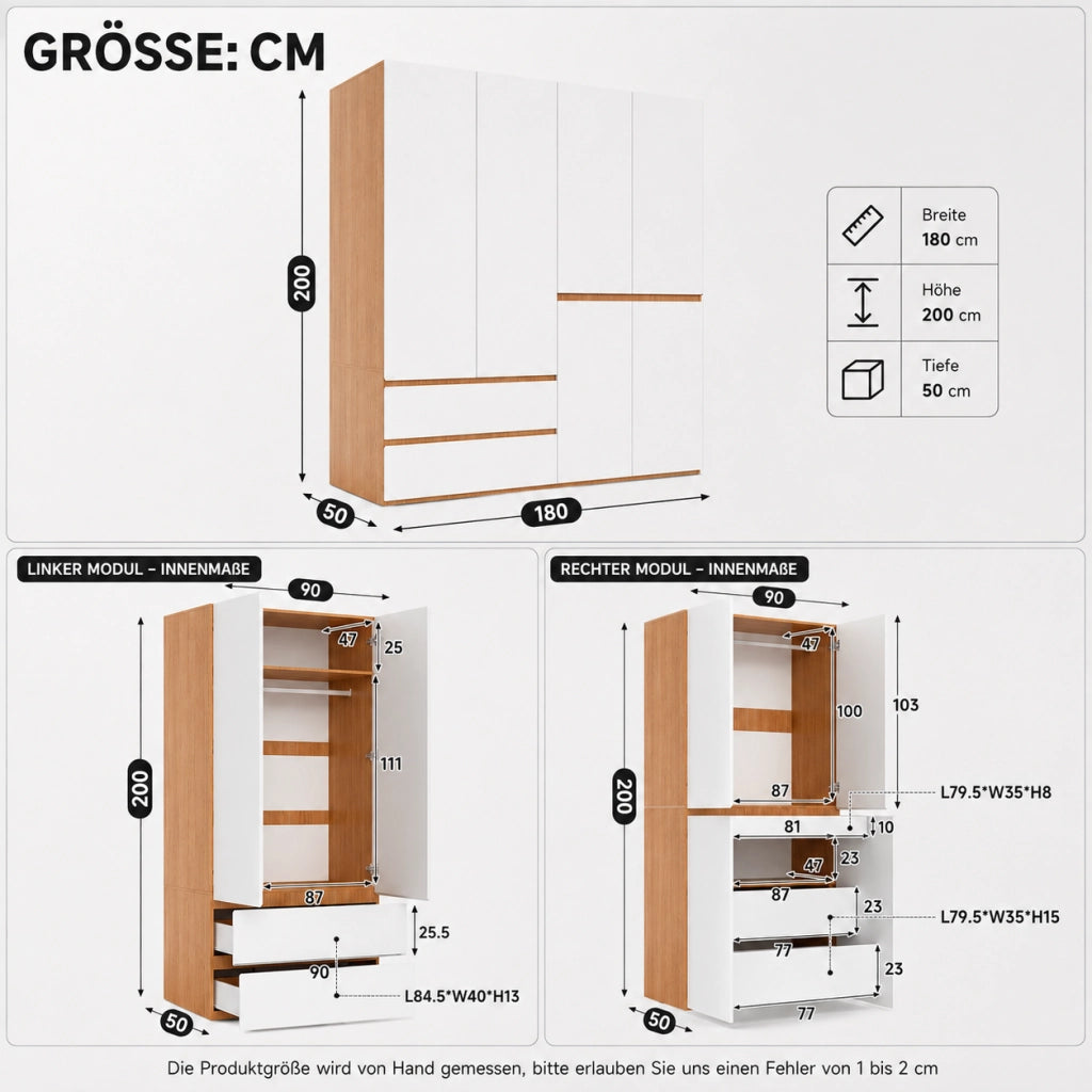 Armadio 6 ante con 2 appendiabiti e 5 cassetti in MDF e pannello truciolare bianco