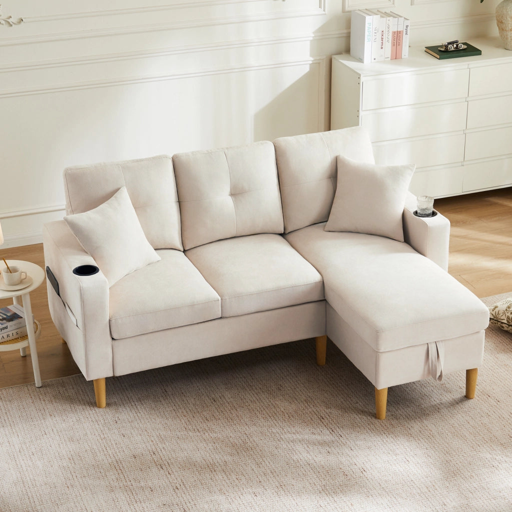 Sofa chaise longue 175x129x90 cm con contenitore; portabicchieri e cuscini; in legno; beige