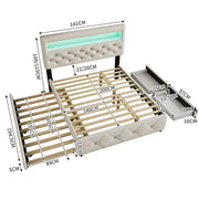 Letto adulto imbottito - Xylo - 140x200 cm - Beige - Con letto a scomparsa, 2 cassetti e comodino con LED