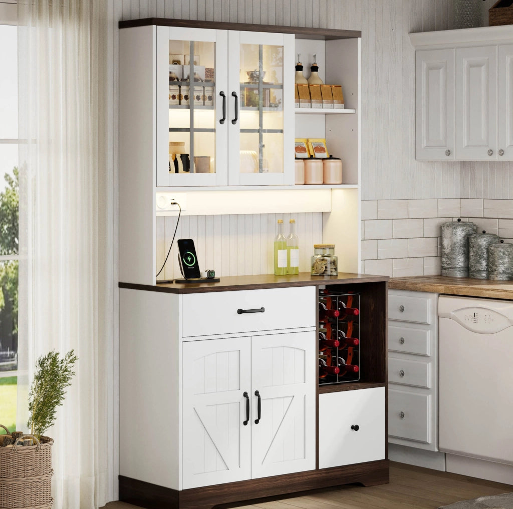 Credenza cucina stile vintage con LED RGB APP; prese USB; ripiani regolabili; 105x40x185 cm; naturale e bianco
