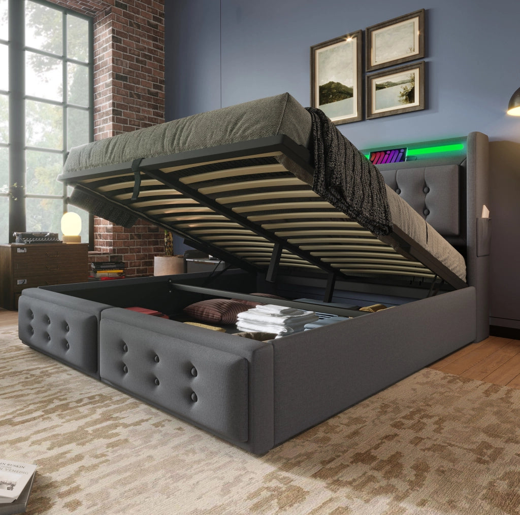 Letto matrimoniale 180x200 cm con LED, prese USB-C e contenitore