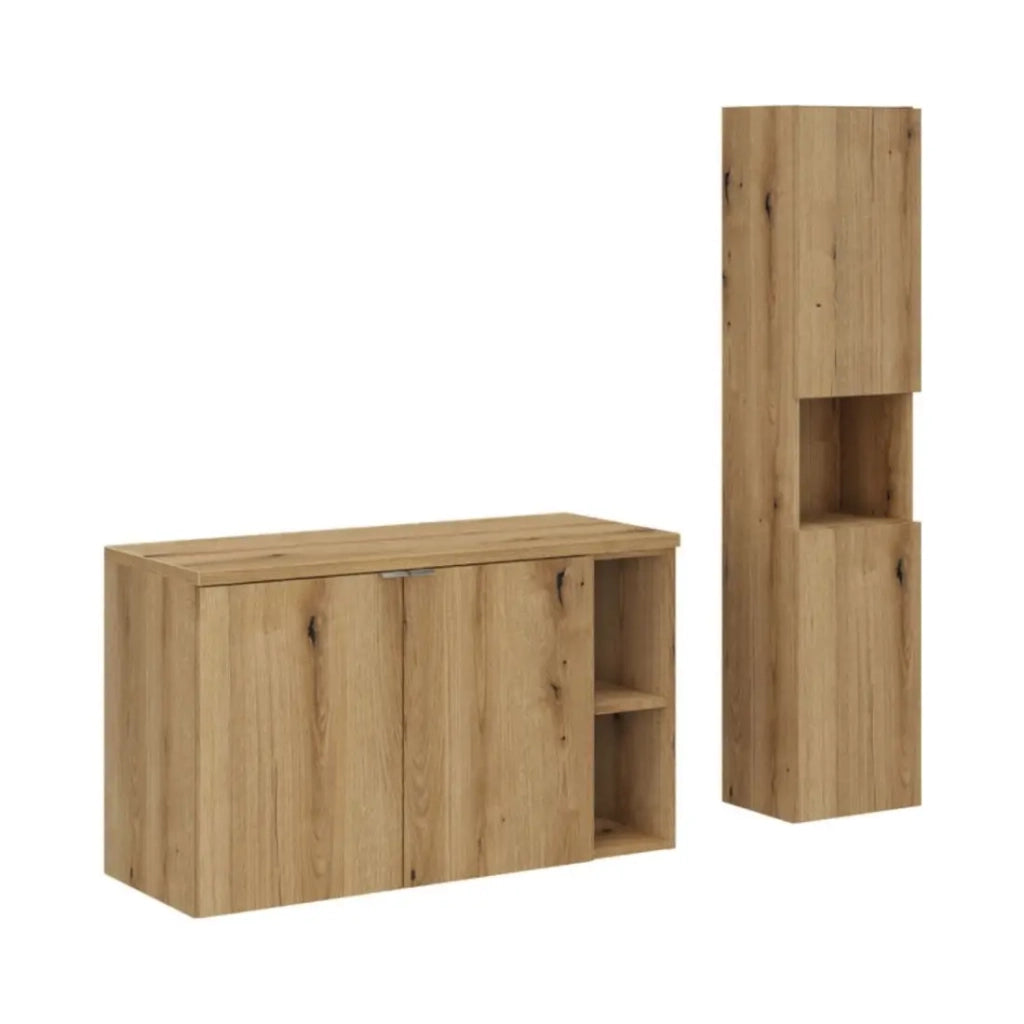 Insieme VANO effetto rovere 130cm: mobili sotto lavabo con armadi e nicchie a vista + piano per lavabo + colonna
