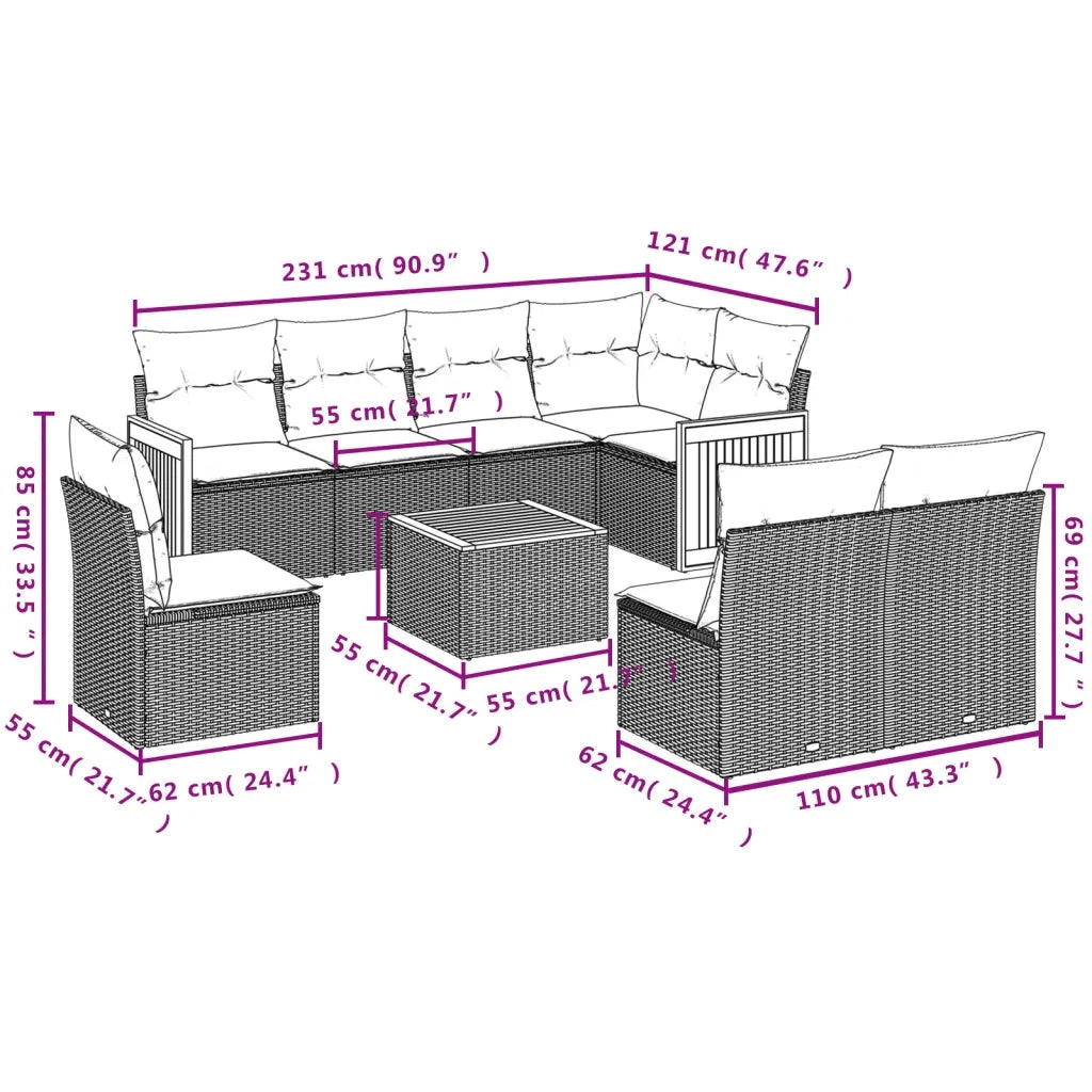Set Divani da Giardino 9 pz con Cuscini Nero in Polyrattan 3227729