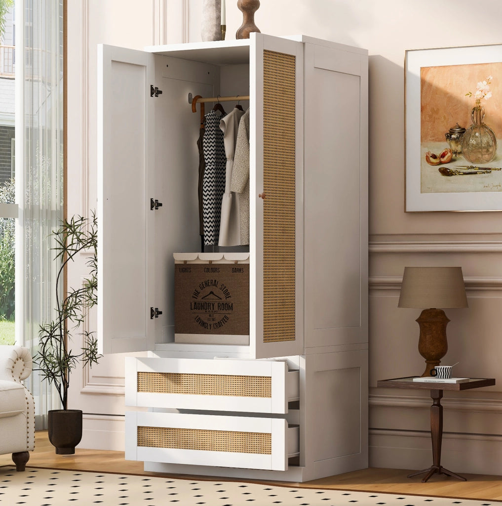 Armadio a due ante 70 x 55 x 170 cm con 2 cassetti e vano interno; bianco