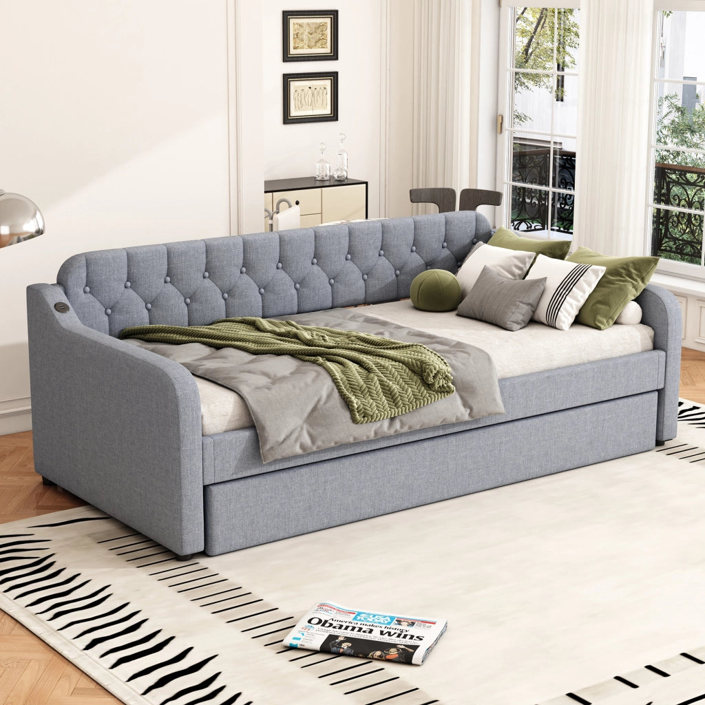 Divano letto estraibile 90x200 cm con presa USB, struttura in lino e MDF, grigio