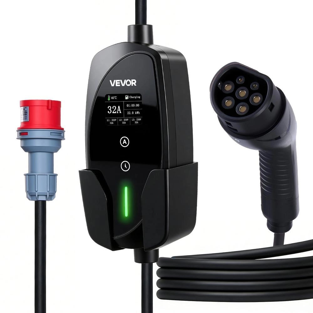 Mobile Wallbox, 22 KW, 32 A, Type 2 Charging Station For Electric Vehicles, 3-phase Charger With 7 M Charging Cable, CEE32 Plug, LCD Screen, IP66 Control Box, For Electric Vehicles