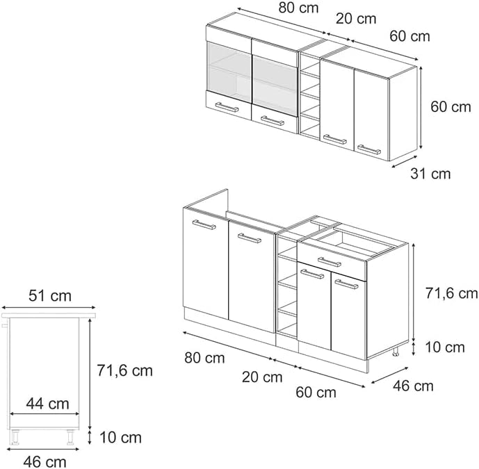 Cucina completa R-Line, Quercia dorata/bianco, 160 cm PL Marmo, con disposizione flessibile dei moduli ed espandibile