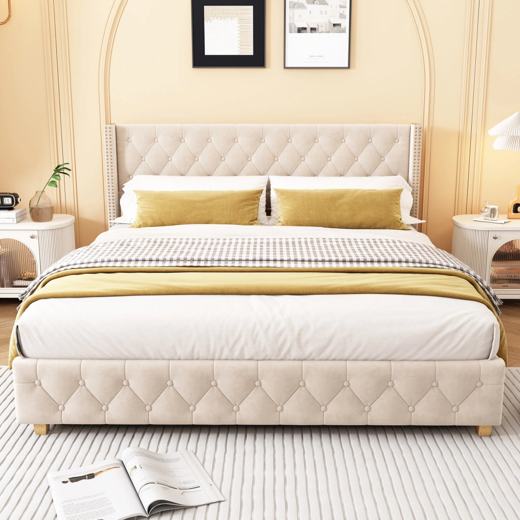 Letto Imbottito 180×200 cm; Letto Matrimoniale con Testiera e Pediera Trapuntate; senza Materasso; Velluto; Beige Chiaro