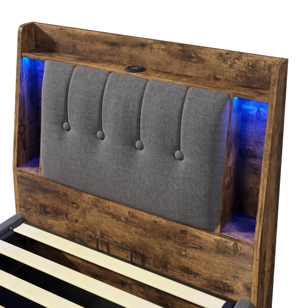 Letto imbottito 90x200 cm con ricarica USB e Type-C; LED e contenitore in lino e MDF