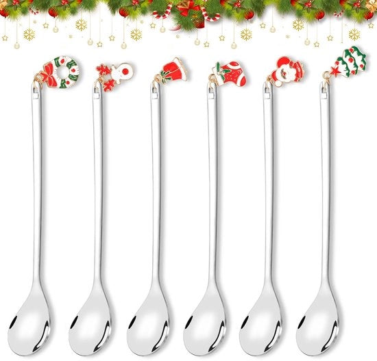 Set di Cucchiai di Natale da 6 - Cucchiai in Acciaio Inossidabile - Tema di Natale - Cucchiai da Caffè - Cucchiai per Dessert - Regalo per Natale - Disegni Carini - Cucchiai da Tè