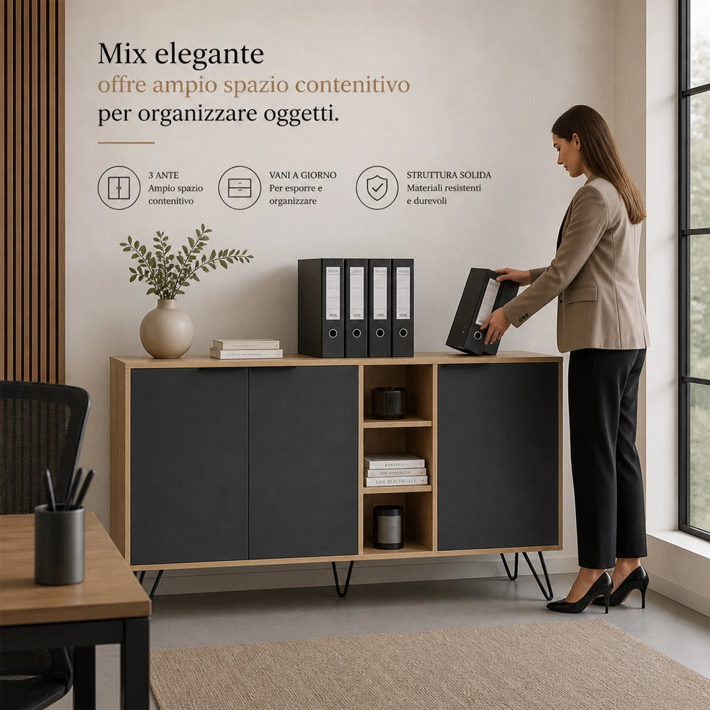 Madia Moderna Credenza con 3 Ante e Vani a Giorno 142x83 cm Rovere e Antracite