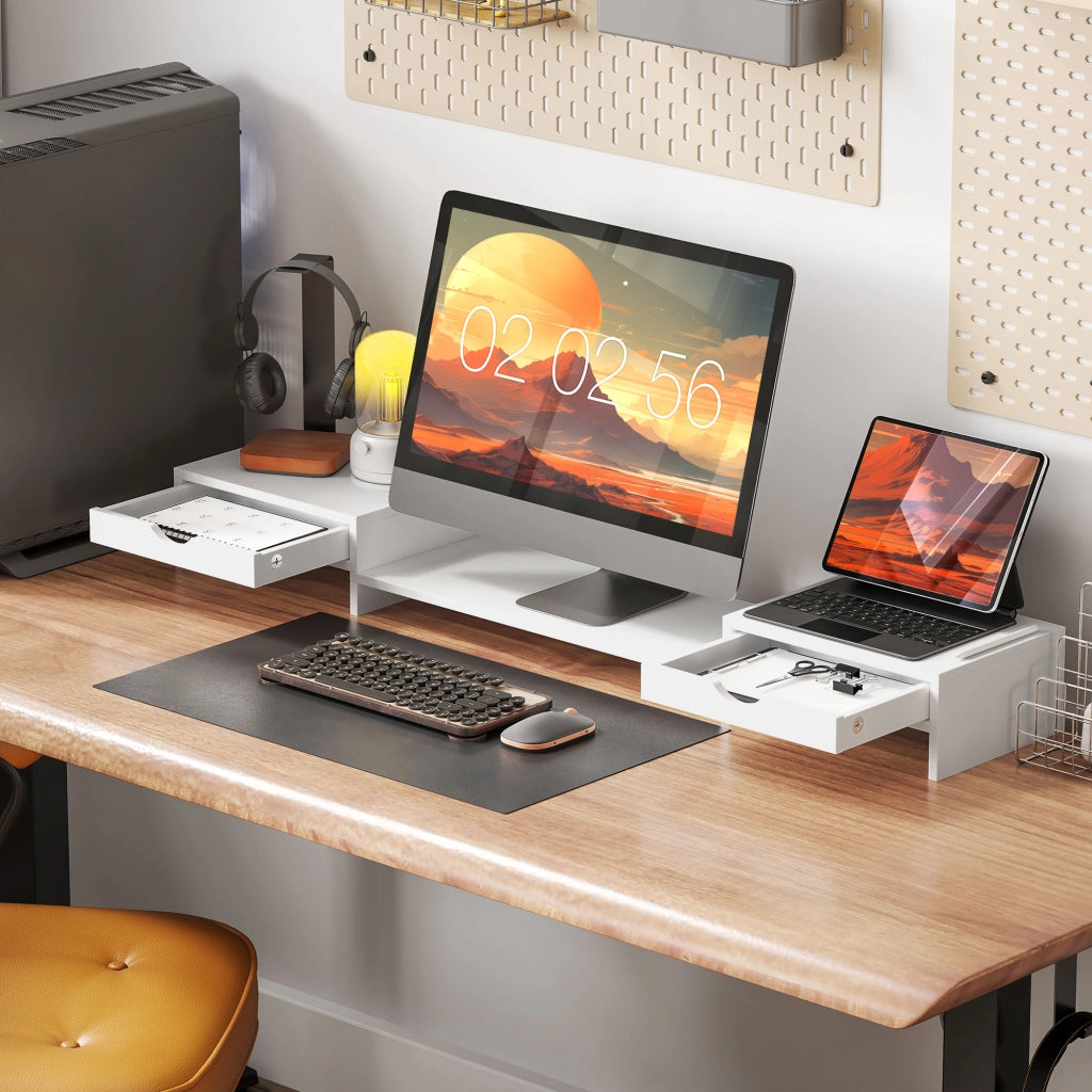 Supporto Monitor Regolabile con 2 Cassetti per PC Portatile ¨C Zephmum ¨C Bianco 60-116x22x12 cm