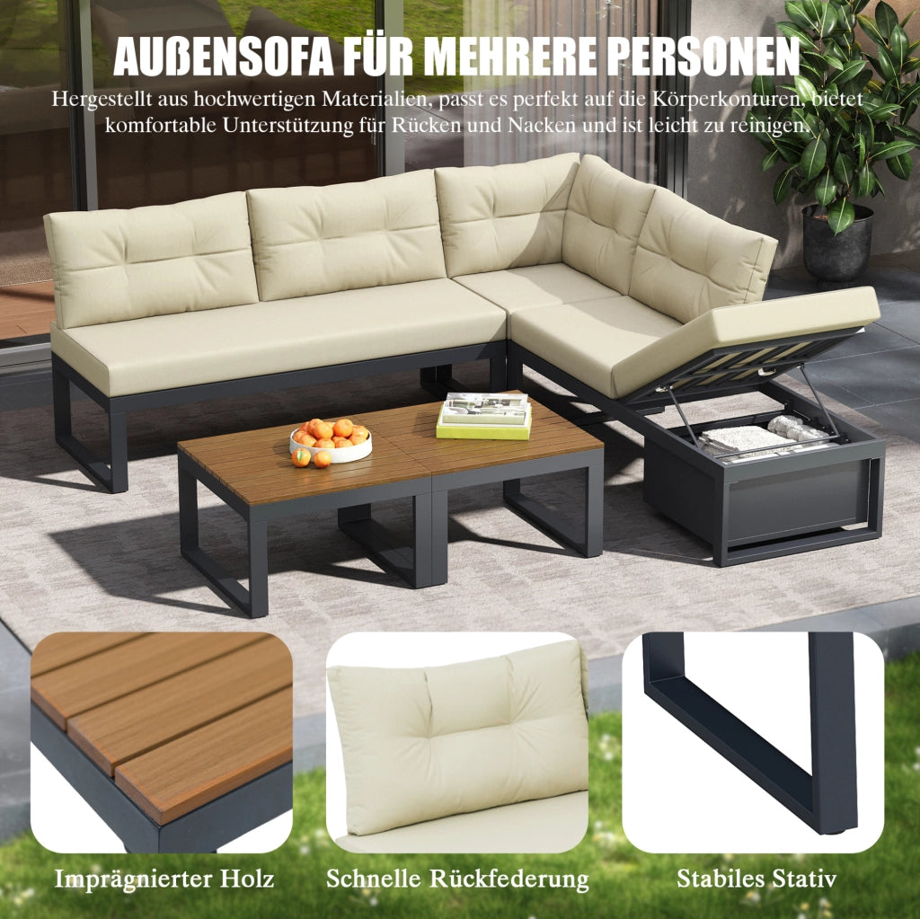 Set divano da giardino modulare beige con contenitore e schienale reclinabile