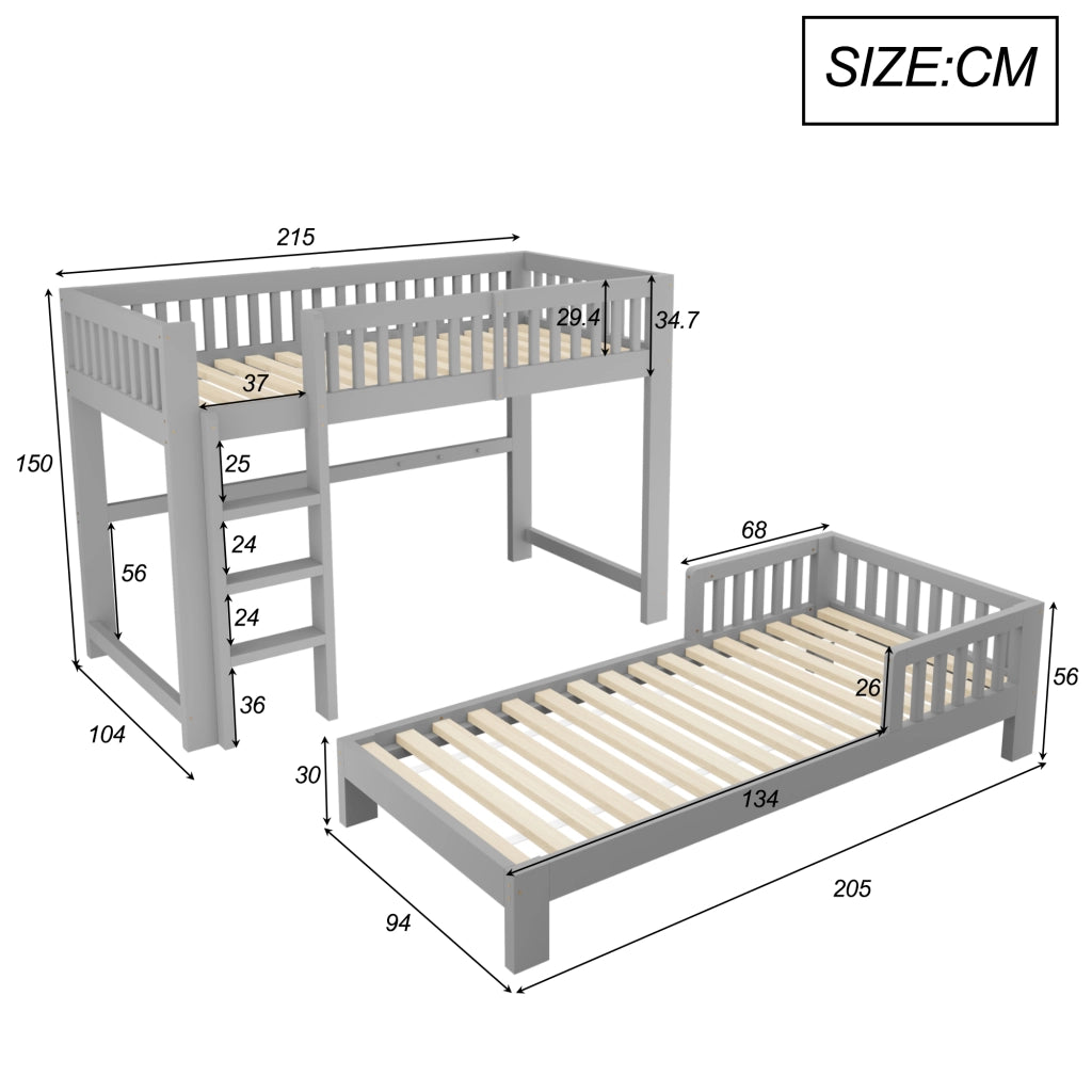 Letto a castello modulare con letto singolo 90x200 cm in legno; grigio