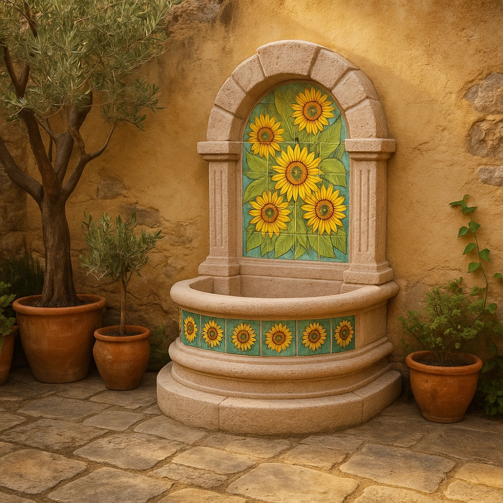 Fontana spagnola modello girasoli maiolica h120xl80xp45 cm cemento effetto pietra