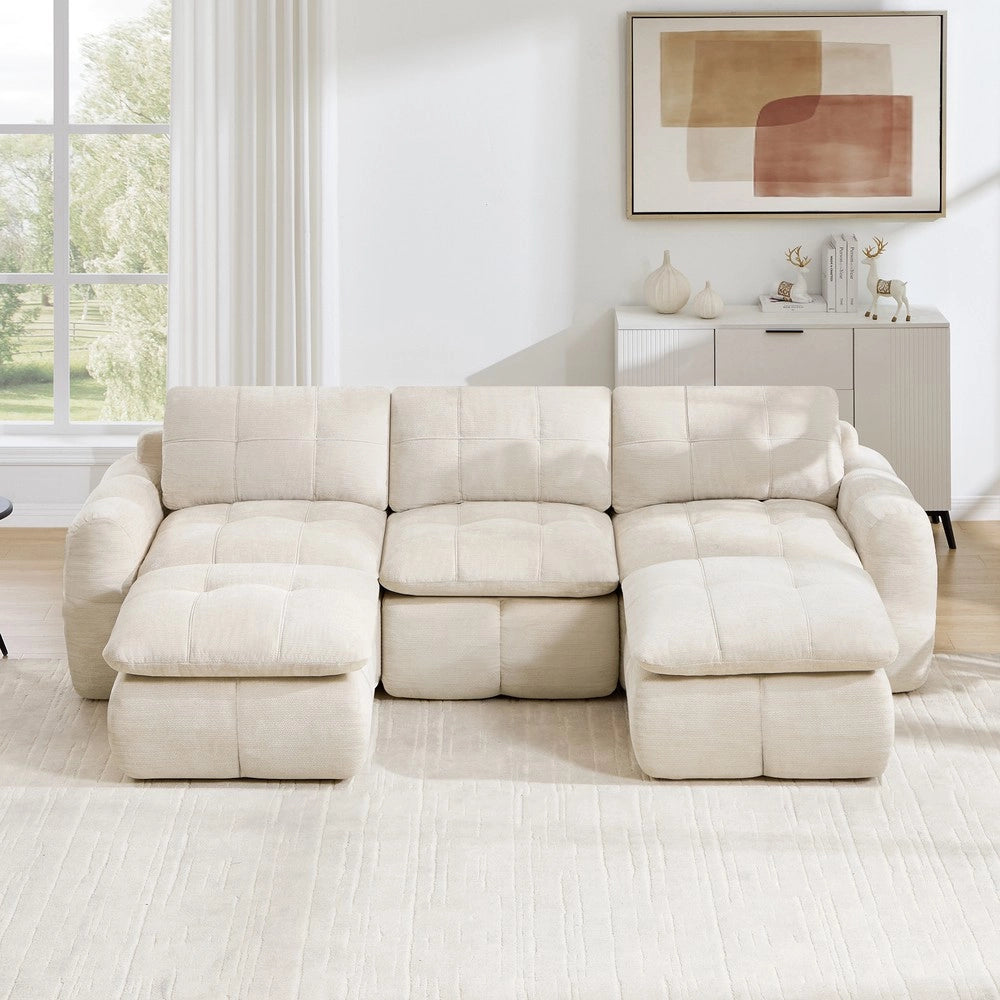 Divano 3 posti a U modulare ¨C Minimal ¨C Beige tessuto chenille 2 poggiapiedi