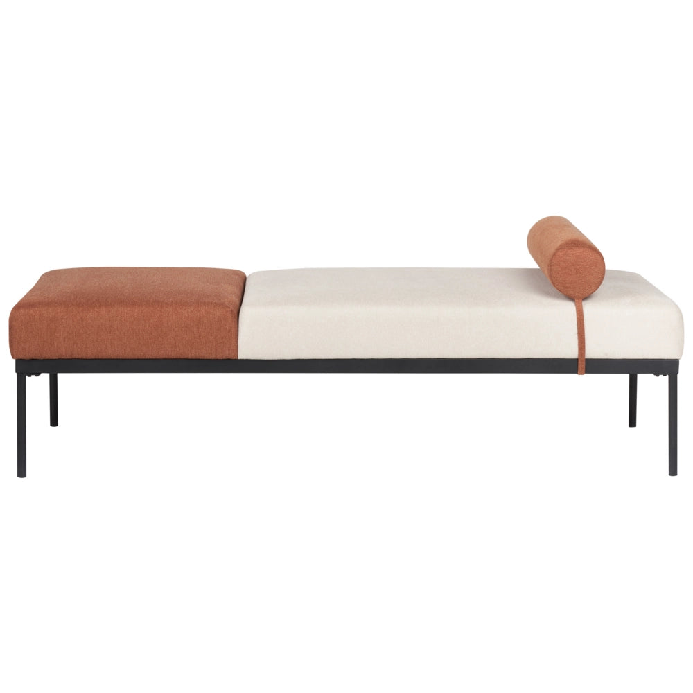 Chaise longue in lino sintetico beige e marrone dorato con gambe nere in ferro stile elegante
