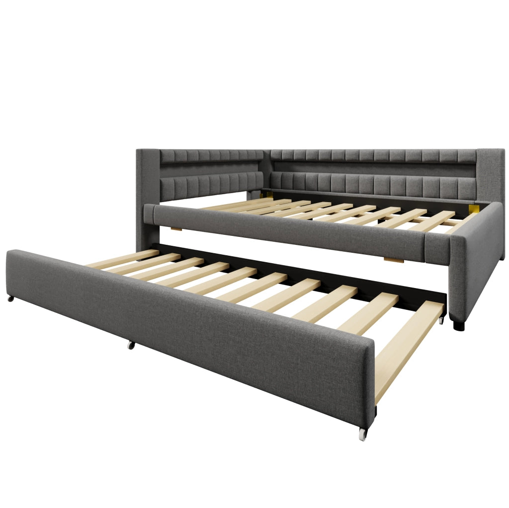 Daybed 140x200 cm grigio in lino con letto estraibile, LED, USB e Type-C