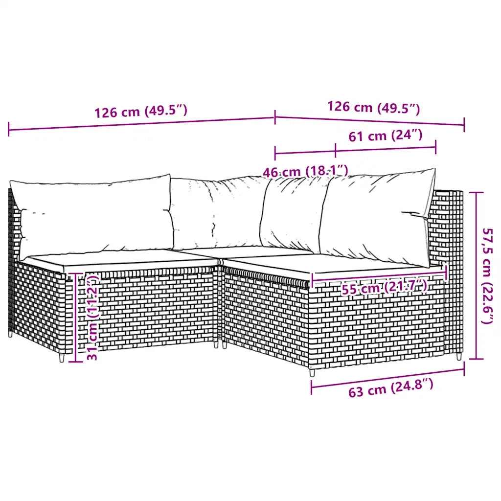 Set Divani da Giardino 3 pz con Cuscini Nero in Polyrattan