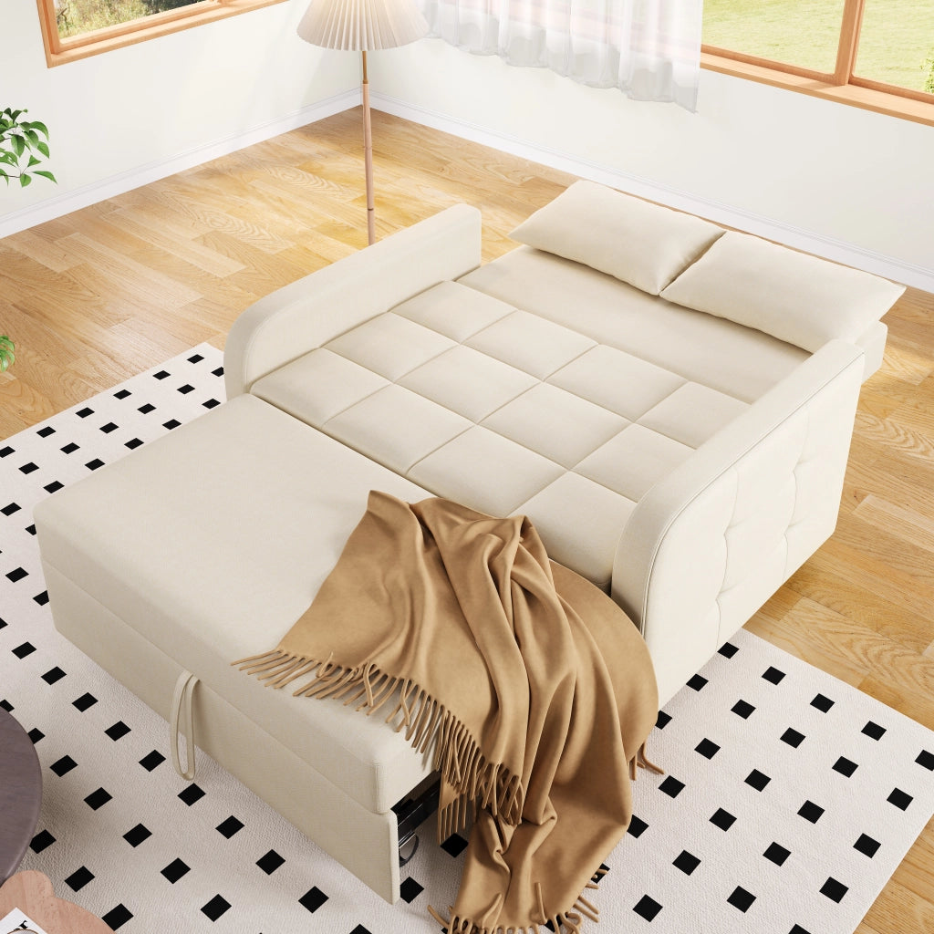 OKWISH Divano Letto 2 Posti, Schienale Regolabile in 3 Posizioni con 2 Cuscini, Meccanismo Scorrevole, Lino Cotone, Beige