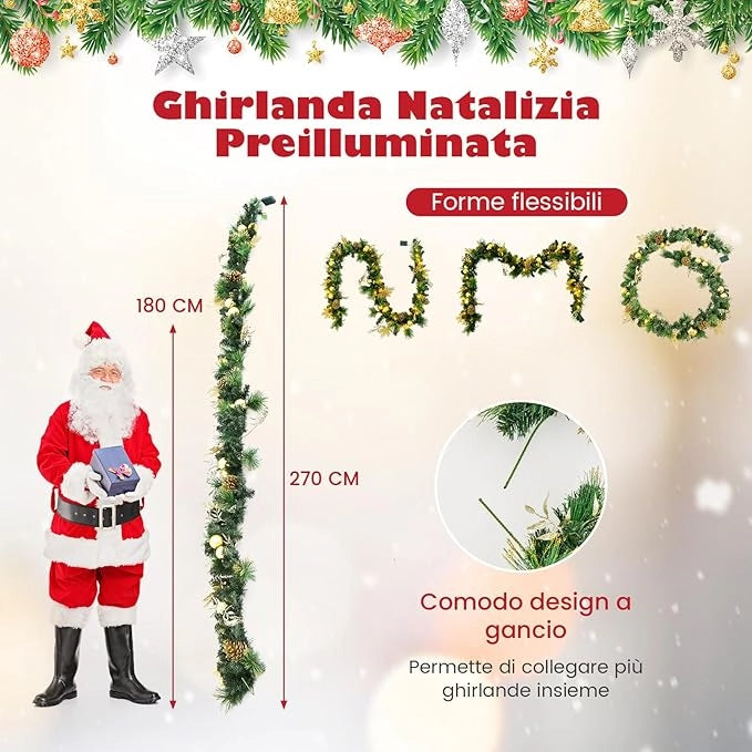Ghirlanda Natalizia Artificiale Pre-Illuminata da 270 CM con Luci LED Bianco Caldo, Bacche & Palline & Fiori & Pigne Dorate, Decorazione Natalizia a Batteria per Interni ed Esterni