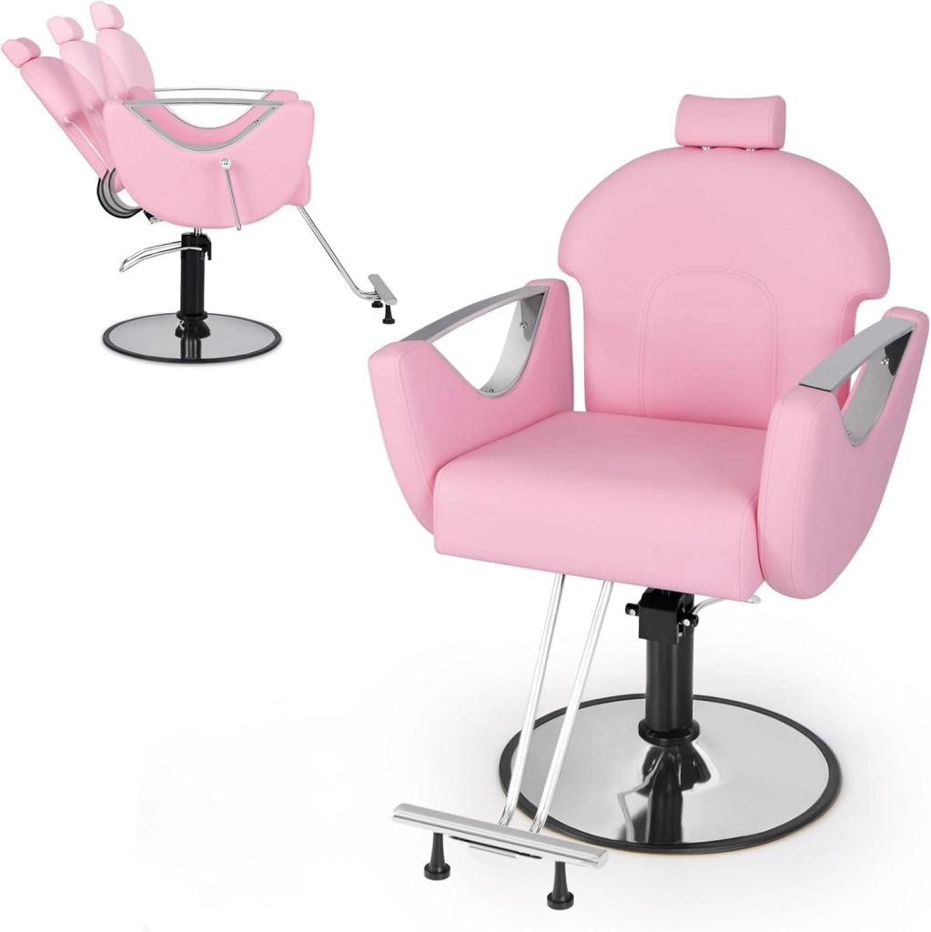 Poltrona da Barbiere Girevole, Sedia da Salone Reclinabile con Altezza Regolabile, Girevole a 360° con Pompa Idraulica, Poggiatesta, Portata 150 kg (Rosa)