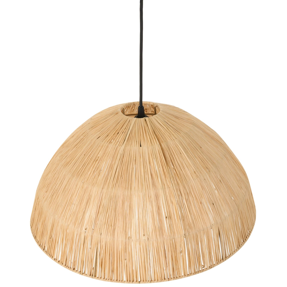 Lampada a sospensione con paralume in paglia naturale intrecciata a cupola, stile boho-japandi