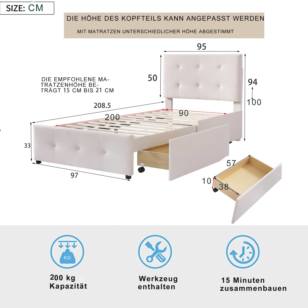Letto imbottito con cassetti singolo 90×200 cm con rete e testiera; senza materasso; velluto; beige