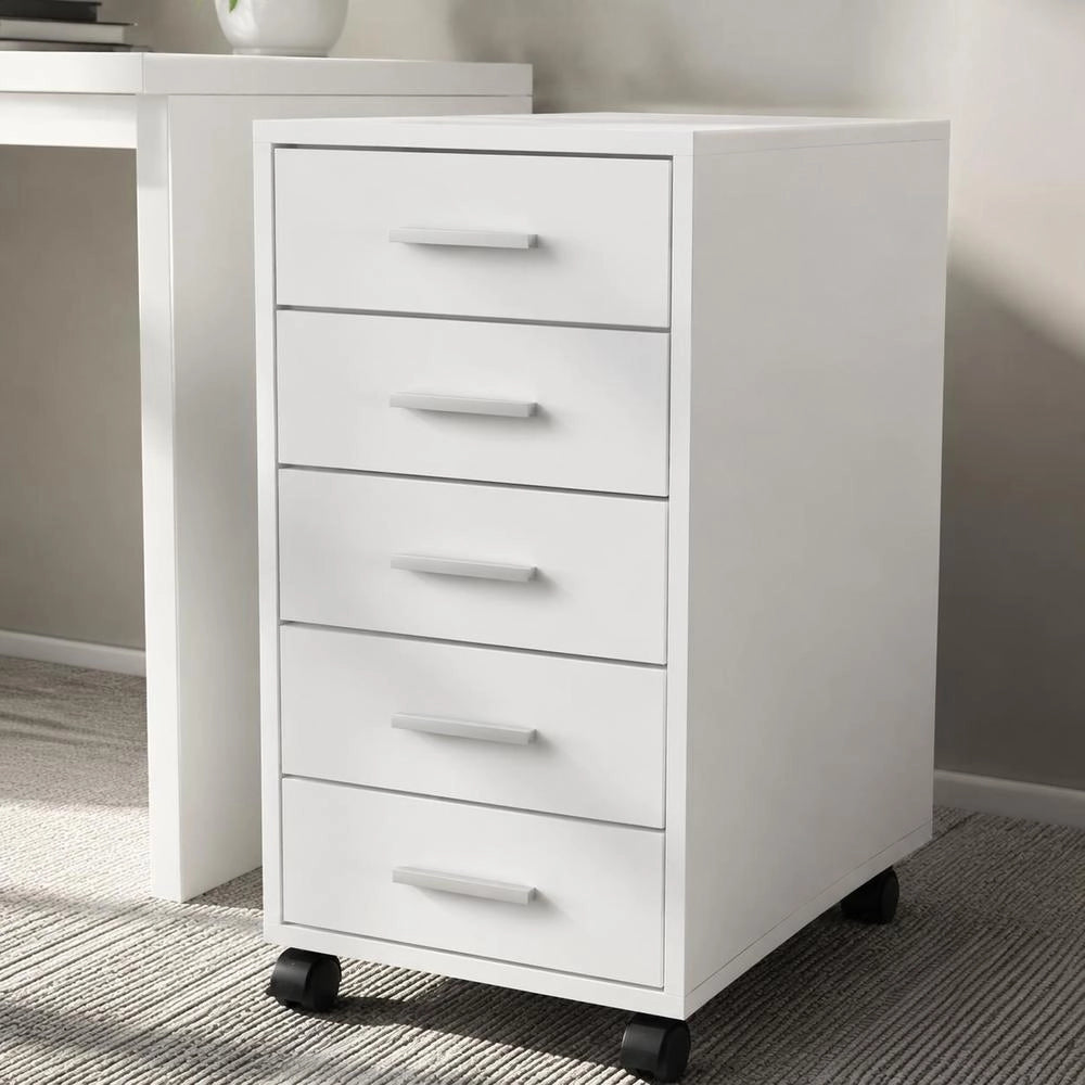 Office Drawer Cabinet On Casters, 5 Drawers, White