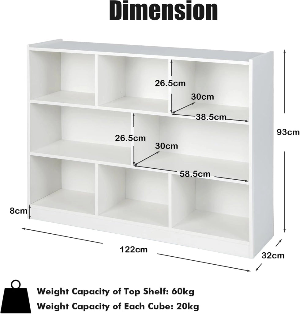 Libreria Aperta, 7 armadietti di 2 diverse dimensioni, mobile portaoggetti in legno con gambe antiscivolo, per libri e giocattoli, (bianco, 122 x 32 x 93 cm) (LK09392FQES-KF)