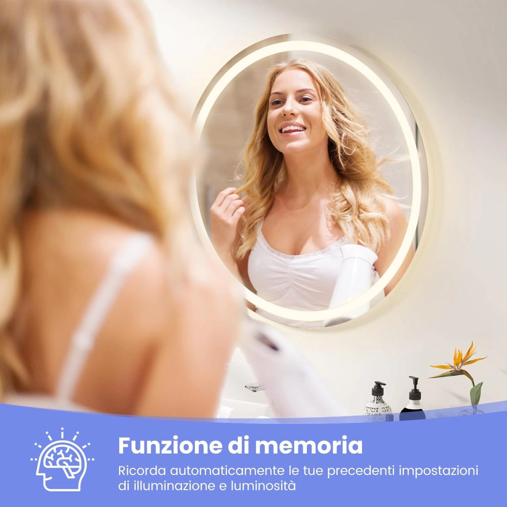 Specchio da Bagno Rotondo/Quadrato a LED, Specchio da Trucco da Parete Impermeabile con 3 Colori, 58/72 Luci, Schermo Tattile, Ideale per Bagno Soggiorno Camera da Letto (Rotondo)