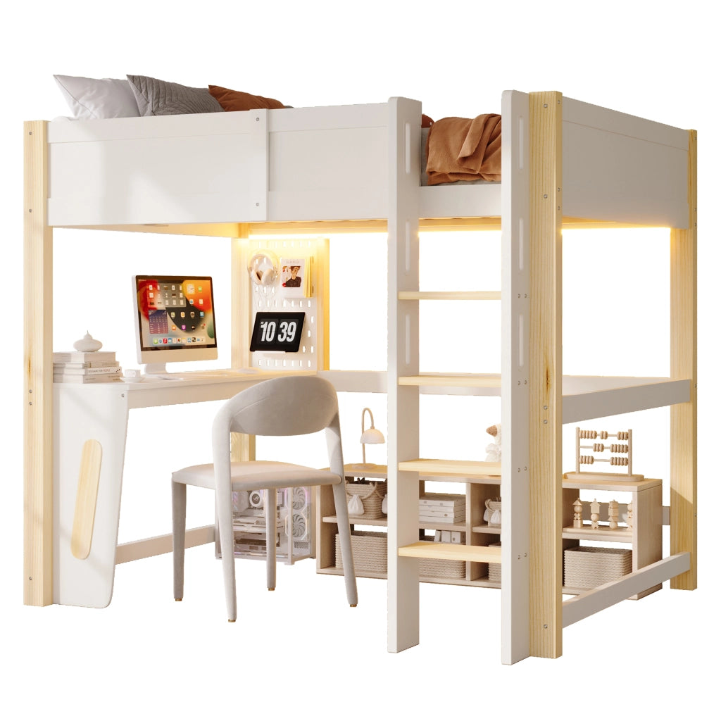 Letto a soppalco per bambini 140x200 cm, letto rialzato con scrivania integrata, pannello forato, illuminazione LED, pino, naturale e bianco