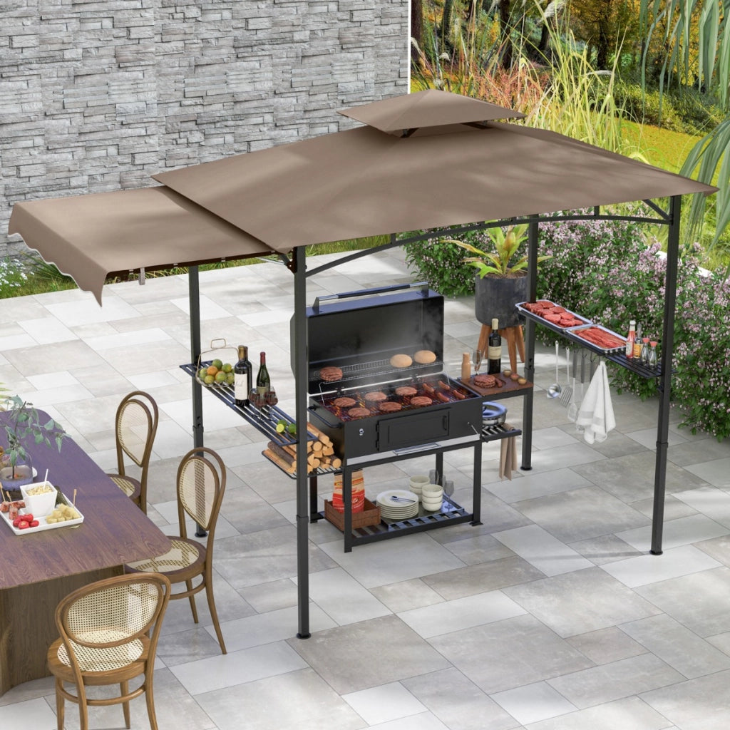 Gazebo per barbecue 250 x 203cm con tendalino laterale tetto a 2 livelli 2 ripiani laterali-Rifugio per barbecue Marrone