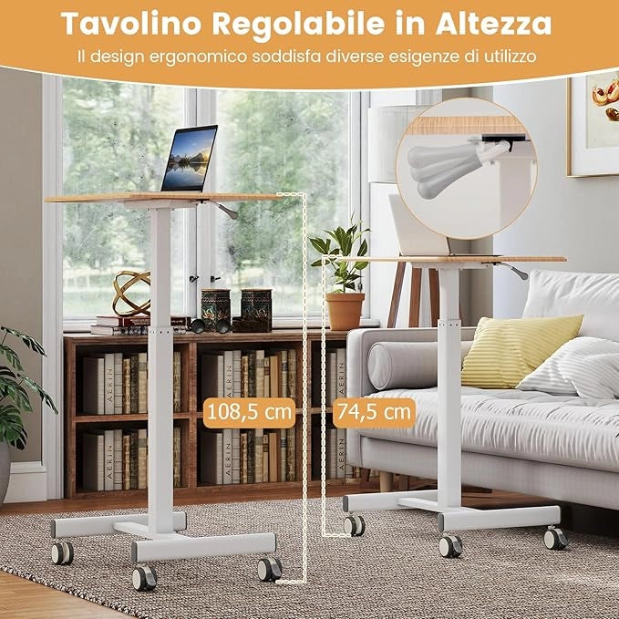Tavolino da Divano e Letto con Ruote Bloccabili, Tavolino Porta PC Regolabile in Altezza con Pistone a Gas, Ruote Lisce, Base a Forma di H, Ideale per Lavorare e Mangiare