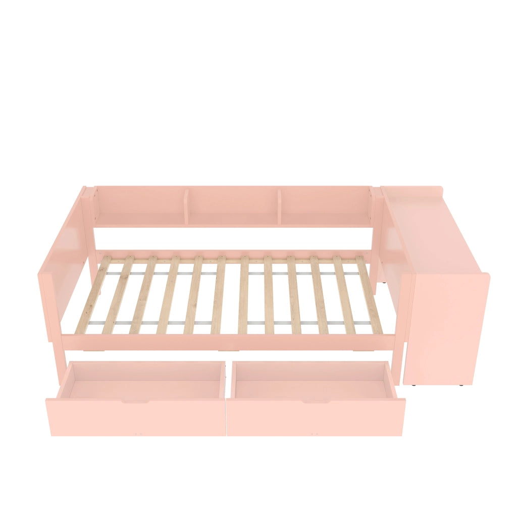 Letto singolo 90×200 cm con scrivania; 2 cassetti e ripiani; senza materasso; legno; rosa