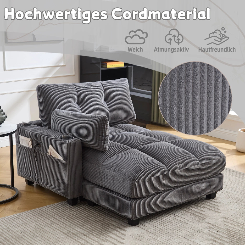 POLTRONA Relax 140x112x81 cm Tessuto a coste Grigio con portabicchieri e USB