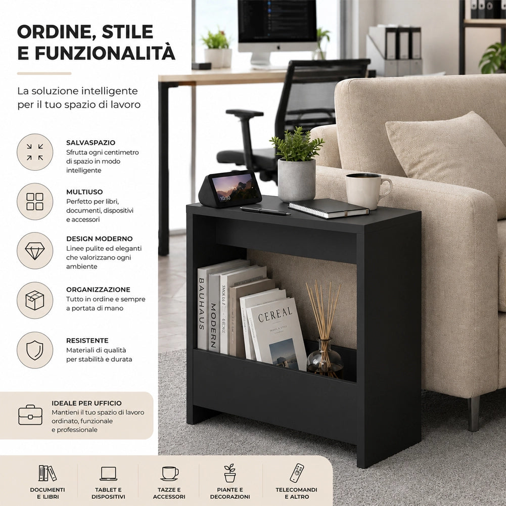 Tavolino Laterale Divano Nero Tavolo Salvaspazio Multifunzione 55x20x60 cm