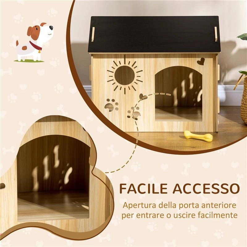 CUCCIA PER CANI DA INTERNO CON STRUTTURA IN LEGNO E APERTURE A FORMA DI ZAMPA, CUORE E OSSA, ROVERE