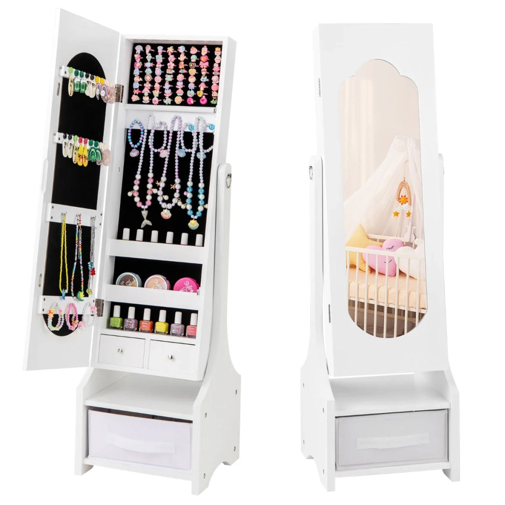 Mobiletto portagioie per bambini 31,5 x 30 x 105 cm con spazio di archiviazione ottimizzato e moderno specchio allungabile in MDF bianco 20_0010367