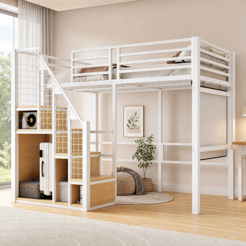 Letto a soppalco 90 x 200 cm bianco con contenitore e scala