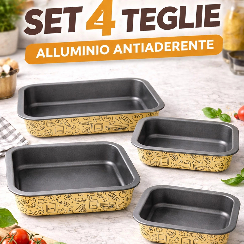 Set 4 Teglie Rettangolari con Alette 20-25-30-35cm Teglia da Cucina Antiaderente